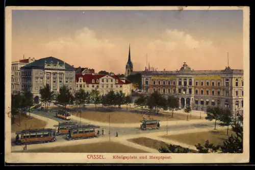 AK Kassel, Königplatz u. Hauptpost, Strassenbahn
