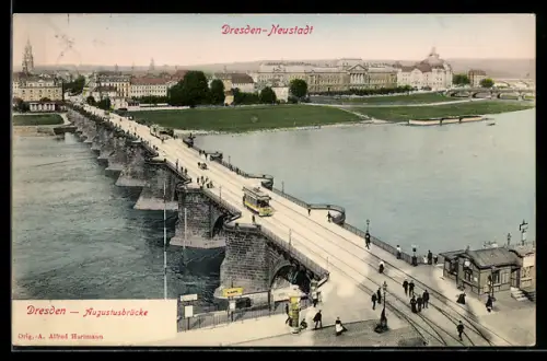 AK Dresden-Neustadt, Strassenbahn auf der Augustusbrücke