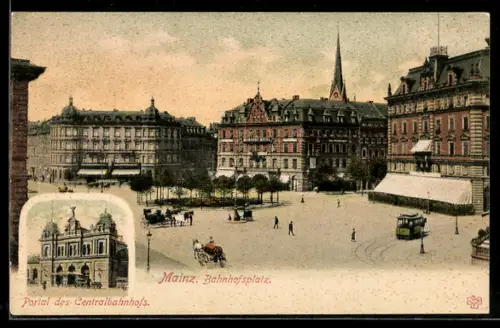 AK Mainz, Portal des Centralbahnhofs, Bahnhofsplatz mit Strassenbahn