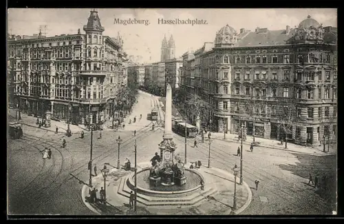 AK Magdeburg, Blick auf den Hasselbachplatz, Strassenbahn