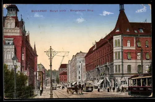 AK Budapest, Strassenpartie am Margarethenring, Strassenbahn