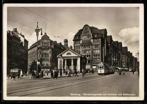 AK Hamburg, Partie an der Mönckebergstrasse mit Denkmal, Bücherhalle und Strassenbahn
