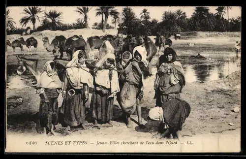 AK Scènes et Types, Jeunes Filles cherchant de l`eau dans l`Oued, arabische Volkstypen