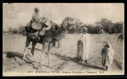 AK Scènes et Types, Jeunes Fillettes a Chameau, arabische Volkstypen
