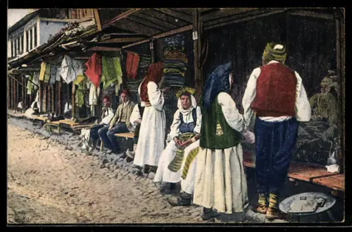 AK Bosnien, Strassenszene, Händler, Trachten