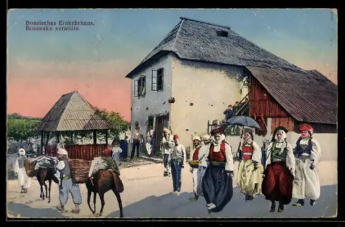 AK Bosnien, Bosnisches Einkehrhaus, Bosanska svratiste, Bosnier in Trachten