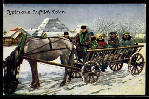 Künstler-AK Russich-Polen, Polnische Bauern mit Pferdegespann im Winter