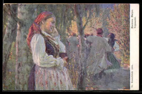 AK Polin in Tracht in einer Träumerei