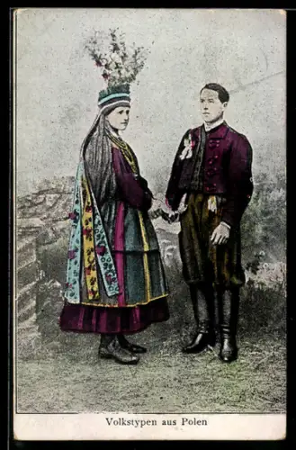 AK Polen, Paar in Tracht, Polnische Volkstypen