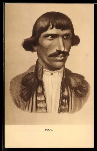 AK Pole in Tracht mit Schnurrbart