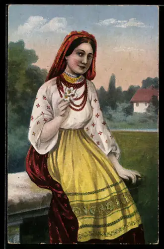 AK Polin in Trachtenkleidung mit Blumen