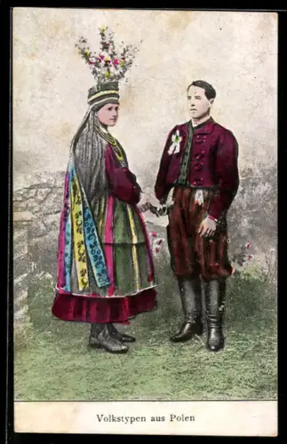 AK Volkstypen aus Polen, Paar in festlicher Tracht