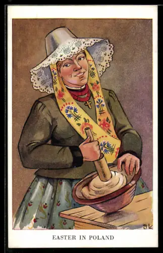 Künstler-AK Gory Tarnovskie, Silesia, Polin in Tracht beim Backen, Ostern