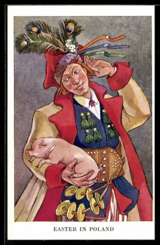 Künstler-AK Krakov, Pole mit einem Ferkel, Ostern