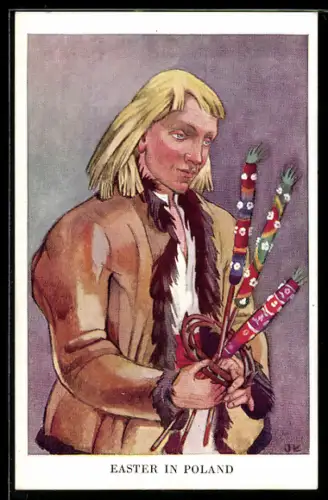 Künstler-AK Vilno, Pole mit Festschmuck, Ostern