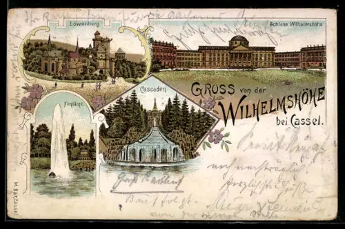 Lithographie Kassel-Wilhelmshöhe, Löwenburg, Fontaine, Cascaden, Schloss Wilhelmshöhe