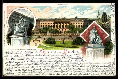 Lithographie Berlin, Universität, Denkmal Alexander v. Humboldt, Denkmal Wilhelm v. Humboldt