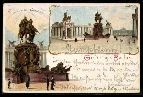 Lithographie Berlin-Tiergarten, Wilhelm der Grosse Denkmal, Siegesallee