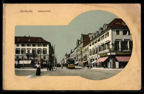 AK Karlsruhe, Kaiserstrasse mit Geschäften und Strassenbahn