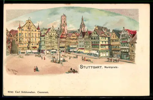 Künstler-AK Stuttgart, Passanten am Marktplatz