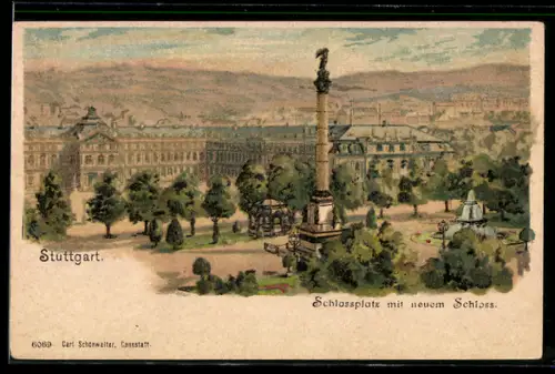 Lithographie Stuttgart, Schlossplatz mit neuem Schloss
