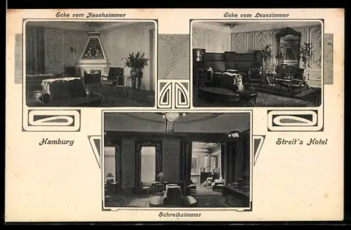 AK Hamburg-Neustadt, Hotel Streit, Innenansicht Schreibzimmer, Ecke vom Lesezimmer, Ecke vom Rauchzimmer