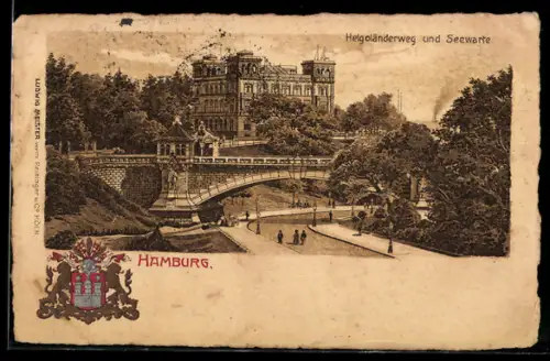 Lithographie Hamburg-St.Pauli, Helgoländerweg und Seewarte, Wappen