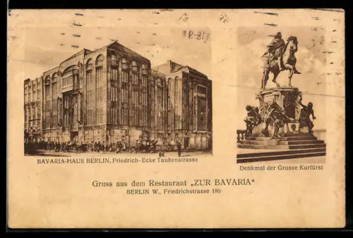 AK Berlin, Restaurant Zur Bavaria, Friedrichstrasse 180, Denkmal der Grosse Kurfürst