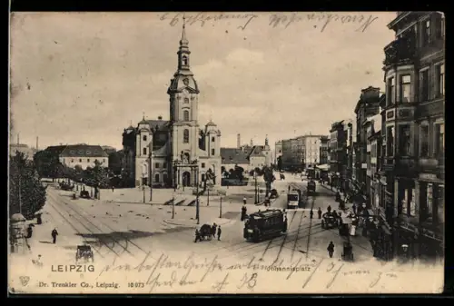 AK Leipzig, Johannisplatz mit Kirche und Strassenbahn