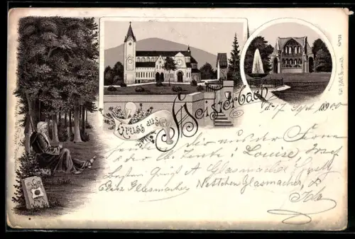 Lithographie Heisterbach, Klosterruine, Mönch sitzt am Wegesrand