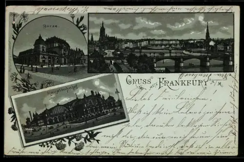 Mondschein-Lithographie Frankfurt a. M., Teilansicht, Börse, Hauptbahnhof