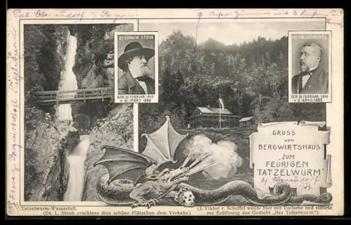 AK Oberaudorf, Tatzelwurm-Wasserfall, Bergwirtshaus Zum feurigen Tatzelwurm, Portraits Steub und Scheffel