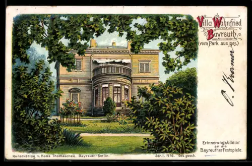 Lithographie Bayreuth, Villa Wahnfried vom Park aus gesehen