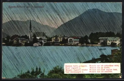 AK Egern-Rottach am Tegernsee, Seeufer mit Kirche und Bergen bei Regen