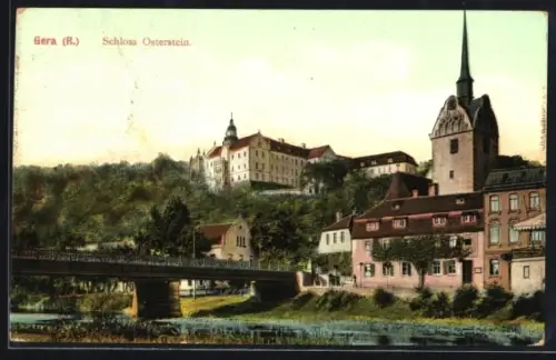 AK Gera /R., Schloss Osterstein, Brücke, Stadtturm