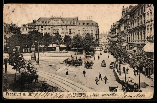 AK Frankfurt a. M., Schillerplatz aus der Vogelschau, Wettersäule