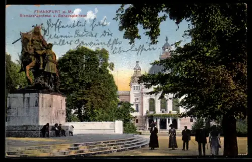 AK Frankfurt a. M., Bismarckdenkmal, Schauspielhaus