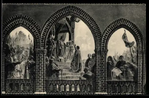 AK Lübeck, Rathaus Treppenhausgemälde Dom im Bau, Ratseinsetzung Heinrich d. Löwen, Freibrief 1188