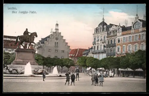 AK Landau, Max Josephs-Platz, Reiterdenkmal, Brunnen, Hotel E. Hoyer