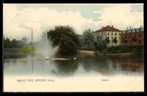 AK Landau /Pfalz, Ostpark, Springbrunnen, Gebäude