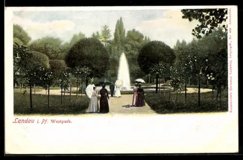 AK Landau i. Pf., Westpark, Brunnen, Spaziergänger