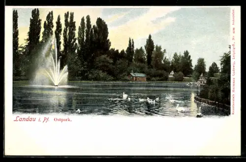 AK Landau i. Pf., Ostpark, Springbrunnen, Teich, Enten