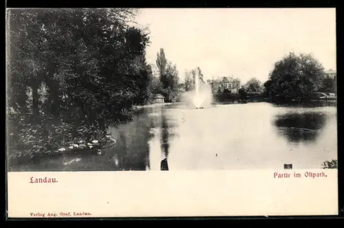 AK Landau, Partie im Ostpark, mit Fontäne