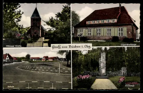 AK Büchen i. Lbg., Pötrauer Kirche, Jugendherberge, Schule, Ehrenmal