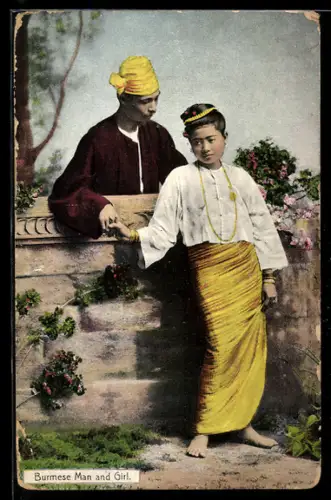 AK Burmese Man and Girl, Paar in traditioneller Kleidung