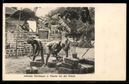AK Indien, Indische Steinhauer und Maurer bei der Arbeit