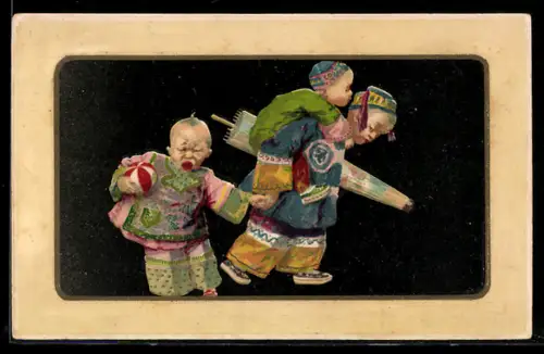 Künstler-AK China, Chinesische Kinder mit Schirm