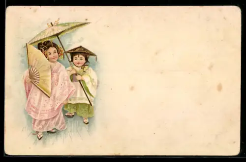Künstler-AK China, Kinder mit Schirm und Fächer