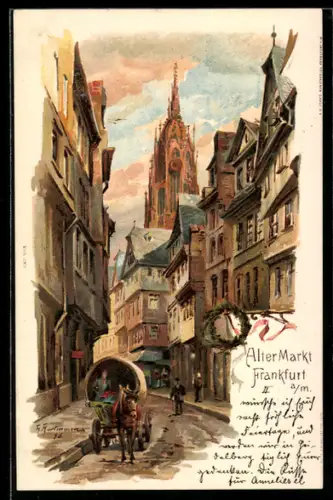 Lithographie Alt-Frankfurt, Alter Markt, Strassenszene mit Blick auf den Dom