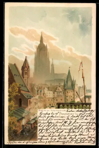 Lithographie Frankfurt, Blick von der Untermainbrücke auf Dom und Altstadt